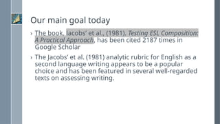 Our main goal today
› The book, Jacobs’ et al., (1981). Testing ESL Composition:
A Practical Approach, has been cited 2187 times in
Google Scholar
› The Jacobs’ et al. (1981) analytic rubric for English as a
second language writing appears to be a popular
choice and has been featured in several well-regarded
texts on assessing writing.
 