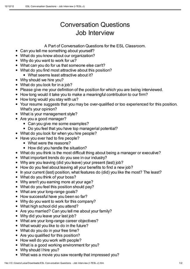 Esl conversation questions job interview (i-tesl-j) | PDF