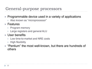General-purpose processors
15
 Programmable device used in a variety of applications
 Also known as “microprocessor”
 Features
 Program memory
 Large registers and general ALU
 User benefits
 Low time-to-market and NRE costs
 High flexibility
 “Pentium” the most well-known, but there are hundreds of
others
 