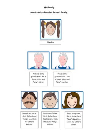 The family

          Monica talks about her father’s family.




                               Monica




             Richard is my                  Paula is my
          grandfather. He is            grandmother. She
           Steve, John, and             is Steve, John, and
            Patty’s father.               Patty’s mother.




Steve is my uncle.      John is my father.              Patty is my aunt.
He is Richard and       He is Richard and              She is Richard and
Paula’s son. He is      Paula’s son. He is             Paula’s daughter.
   my father’s          Steve and Patty’s              She is my father’s
     brother.                brother.                         sister.
 