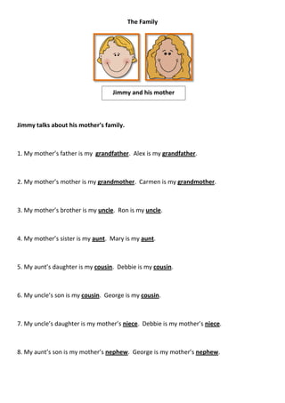 The Family




                                  Jimmy and his mother



Jimmy talks about his mother’s family.



1. My mother’s father is my grandfather. Alex is my grandfather.



2. My mother’s mother is my grandmother. Carmen is my grandmother.



3. My mother’s brother is my uncle. Ron is my uncle.



4. My mother’s sister is my aunt. Mary is my aunt.



5. My aunt’s daughter is my cousin. Debbie is my cousin.



6. My uncle’s son is my cousin. George is my cousin.



7. My uncle’s daughter is my mother’s niece. Debbie is my mother’s niece.



8. My aunt’s son is my mother’s nephew. George is my mother’s nephew.
 