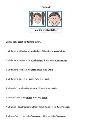 The Family




                                 Monica and her father




Monica talks about her father’s family.



1. My father’s father is my grandfather. Richard is my grandfather.



2. My father’s mother is my grandmother. Paula is my grandmother.



3. My father’s brother is my uncle. Steve is my uncle.



4. My father’s sister is my aunt. Patty is my aunt.



5. My uncle’s daughter is my cousin. Connie is my cousin.



6. My aunt’s son is my cousin. Bill is my cousin.



7. My uncle’s daughter is my father’s niece. Connie is my father’s niece.



8. My aunt’s son is my father’s nephew. Bill is my father’s nephew.
 