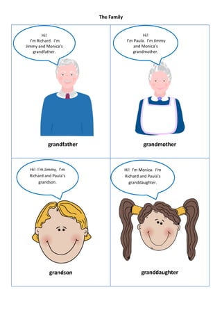 The Family


         Hi!                                   Hi!
  I’m Richard. I’m                    I’m Paula. I’m Jimmy
Jimmy and Monica’s                        and Monica’s
    grandfather.                         grandmother.
    grandfather.




          grandfather                         grandmother



 Hi! I’m Jimmy. I’m                  Hi! I’m Monica. I’m
 Richard and Paula’s                 Richard and Paula’s
      grandson.                        granddaughter.




           grandson                          granddaughter
 