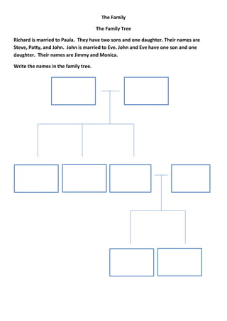The Family

                                      The Family Tree

Richard is married to Paula. They have two sons and one daughter. Their names are
Steve, Patty, and John. John is married to Eve. John and Eve have one son and one
daughter. Their names are Jimmy and Monica.

Write the names in the family tree.
 