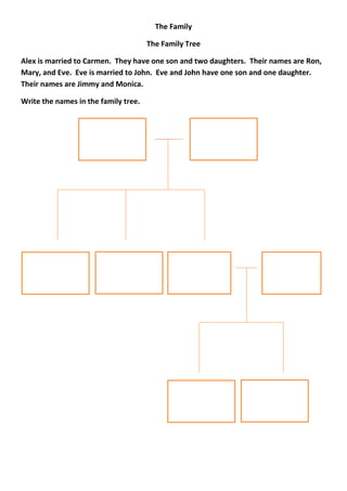 The Family

                                      The Family Tree

Alex is married to Carmen. They have one son and two daughters. Their names are Ron,
Mary, and Eve. Eve is married to John. Eve and John have one son and one daughter.
Their names are Jimmy and Monica.

Write the names in the family tree.
 