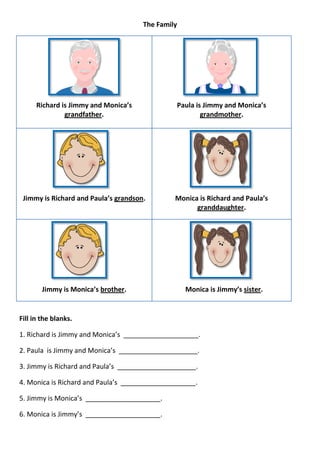 The Family




      Richard is Jimmy and Monica’s                Paula is Jimmy and Monica’s
               grandfather.                                grandmother.




 Jimmy is Richard and Paula’s grandson.        Monica is Richard and Paula’s
                                                     granddaughter.




        Jimmy is Monica’s brother.                   Monica is Jimmy’s sister.


Fill in the blanks.

1. Richard is Jimmy and Monica’s ____________________.

2. Paula is Jimmy and Monica’s _____________________.

3. Jimmy is Richard and Paula’s _____________________.

4. Monica is Richard and Paula’s ____________________.

5. Jimmy is Monica’s ____________________.

6. Monica is Jimmy’s ____________________.
 