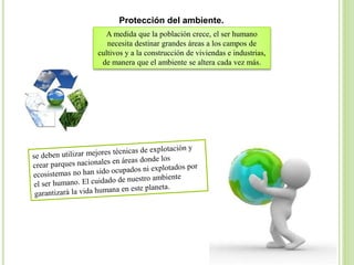 Protección del ambiente.
A medida que la población crece, el ser humano
necesita destinar grandes áreas a los campos de
cultivos y a la construcción de viviendas e industrias,
de manera que el ambiente se altera cada vez más.
 