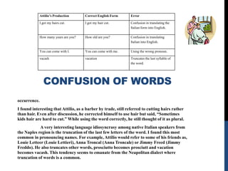 Attilio’s Production      Correct English Form    Error

              I got my hairs cut.       I got my hair cut.      Confusion in translating the
                                                                Italian form into English.

              How many years are you?   How old are you?        Confusion in translating
                                                                Italian into English.

              You can come with I.      You can come with me.   Using the wrong pronoun.

              vacash                    vacation                Truncates the last syllable of
                                                                the word.




                CONFUSION OF WORDS
occurrence.
I found interesting that Attilio, as a barber by trade, still referred to cutting hairs rather
than hair. Even after discussion, he corrected himself to use hair but said, “Sometimes
kids hair are hard to cut.” While using the word correctly, he still thought of it as plural.
            A very interesting language idiosyncrasy among native Italian speakers from
the Naples region is the truncation of the last few letters of the word. I found this most
common in pronouncing names. For example, Attilio would refer to some of his friends as,
Louie Letteer (Louie Lettieri), Anna Troncal (Anna Troncale) or Jimmy Freed (Jimmy
Freddo). He also truncates other words, prosciutto becomes prosciutt and vacation
becomes vacash. This tendency seems to emanate from the Neapolitan dialect where
truncation of words is a common.
 