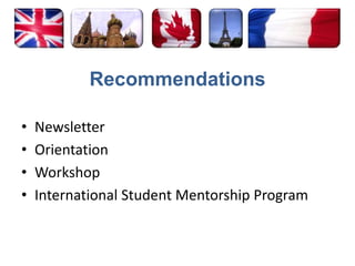 RecommendationsNewsletterOrientation WorkshopInternational Student Mentorship Program