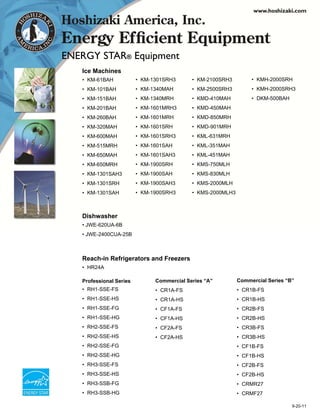 ENERGY STAR® Equipment
   Ice Machines
   • KM-61BAH            • KM-1301SRH3      • KM-2100SRH3         • KMH-2000SRH
   • KM-101BAH           • KM-1340MAH       • KM-2500SRH3         • KMH-2000SRH3
   • KM-151BAH           • KM-1340MRH       • KMD-410MAH          • DKM-500BAH
   • KM-201BAH           • KM-1601MRH3      • KMD-450MAH
   • KM-260BAH           • KM-1601MRH       • KMD-850MRH
   • KM-320MAH           • KM-1601SRH       • KMD-901MRH
   • KM-600MAH           • KM-1601SRH3      • KML-631MRH
   • KM-515MRH           • KM-1601SAH       • KML-351MAH
   • KM-650MAH           • KM-1601SAH3      • KML-451MAH
   • KM-650MRH           • KM-1900SRH       • KMS-750MLH
   • KM-1301SAH3         • KM-1900SAH       • KMS-830MLH
   • KM-1301SRH          • KM-1900SAH3      • KMS-2000MLH
   • KM-1301SAH          • KM-1900SRH3      • KMS-2000MLH3



   Dishwasher
   • JWE-620UA-6B
   • JWE-2400CUA-25B



   Reach-in Refrigerators and Freezers
   • HR24A

   Professional Series         Commercial Series “A”         Commercial Series “B”
   • RH1-SSE-FS                • CR1A-FS                     • CR1B-FS
   • RH1-SSE-HS                • CR1A-HS                     • CR1B-HS
   • RH1-SSE-FG                • CF1A-FS                     • CR2B-FS
   • RH1-SSE-HG                • CF1A-HS                     • CR2B-HS
   • RH2-SSE-FS                • CF2A-FS                     • CR3B-FS
   • RH2-SSE-HS                • CF2A-HS                     • CR3B-HS
   • RH2-SSE-FG                                              • CF1B-FS
   • RH2-SSE-HG                                              • CF1B-HS
   • RH3-SSE-FS                                              • CF2B-FS
   • RH3-SSE-HS                                              • CF2B-HS
   • RH3-SSB-FG                                              • CRMR27
   • RH3-SSB-HG                                              • CRMF27

                                                                                 9-20-11
 