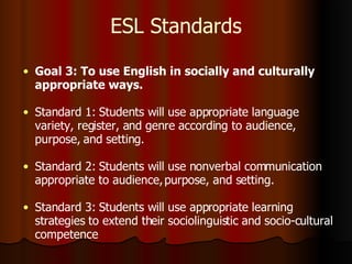 ESL Standards Goal 3: To use English in socially and culturally appropriate ways. Standard 1: Students will use appropriate language variety, register, and genre according to audience, purpose, and setting. Standard 2: Students will use nonverbal communication appropriate to audience, purpose, and setting. Standard 3: Students will use appropriate learning strategies to extend their sociolinguistic and socio-cultural competence 