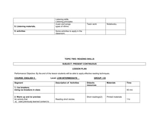Listening skills
                                              Listening principles
                                              music and songs                    Team work              Notebooks.
8. Listening materials.                       types of rithms

9. activities                                 Some activities to apply in the
                                              classroom.




                                                        TOPIC TWO: READING SKILLS

                                                      SUBJECT: PRESENT CONTINUOUS

                                                                 LESSON PLAN

Performance Objective: By the end of the lesson students will be able to apply effective reading techniques.

COURSE: ENGLISH 3                       Level: LOW INTERMEDIATE                           GROUP: 3 B

Segment                                       Description of Activities          Didactic               Materials           Time
                                                                                 resources
1.- Ice breakers.
Using ice breakers in class                                                                                                 45 min


2. Warm up and /or preview                                                       Short readings(2)      Printed materials
An activity that                              Reading short stories                                                         1 hr
a) uses previously learned content to
 