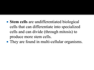  Stem cells are undifferentiated biological
cells that can differentiate into specialized
cells and can divide (through mitosis) to
produce more stem cells.
 They are found in multi-cellular organisms.
 