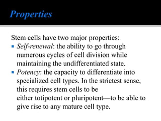 Stem cells have two major properties:
 Self-renewal: the ability to go through
numerous cycles of cell division while
maintaining the undifferentiated state.
 Potency: the capacity to differentiate into
specialized cell types. In the strictest sense,
this requires stem cells to be
either totipotent or pluripotent—to be able to
give rise to any mature cell type.
 