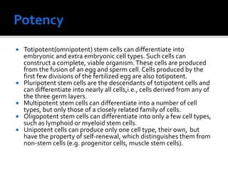  Totipotent(omnipotent) stem cells can differentiate into
embryonic and extra embryonic cell types. Such cells can
construct a complete, viable organism.These cells are produced
from the fusion of an egg and sperm cell. Cells produced by the
first few divisions of the fertilized egg are also totipotent.
 Pluripotent stem cells are the descendants of totipotent cells and
can differentiate into nearly all cells,i.e., cells derived from any of
the three germ layers.
 Multipotent stem cells can differentiate into a number of cell
types, but only those of a closely related family of cells.
 Oligopotent stem cells can differentiate into only a few cell types,
such as lymphoid or myeloid stem cells.
 Unipotent cells can produce only one cell type, their own, but
have the property of self-renewal, which distinguishes them from
non-stem cells (e.g. progenitor cells, muscle stem cells).
 