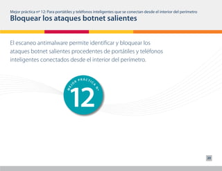 Mejor práctica nº 12: Para portátiles y teléfonos inteligentes que se conectan desde el interior del perímetro
Bloquear los ataques botnet salientes
                                              PRÁCTIC




                                   11
                                          R
                                      O




                                                    A
El escaneo antimalware permite identificar y bloquear los



                                  J
                                ME




                                                        Nº
ataques botnet salientes procedentes de portátiles y teléfonos
inteligentes conectados desde el interior del perímetro.


                                              PRÁCTIC




                                 12
                                          R
                                      O

                                                    A
                                  J
                                ME




                                                        Nº




                                                                                                                 20
 