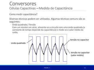 Conversores
Células Capacitivas –Medida de Capacitância
Como medir capacitância?
Diversas técnicas podem ser utilizadas. Algumas técnicas comuns são as
seguintes:
◦ Onda quadrada / Tensão
Com um resistor em série, alimenta-se o circuito com uma onda quadrada (a
constante de tempo depende da capacitância) e mede-se o valor médio da
saída;
tensão no capacitor
onda quadrada
tensão no capacitor
(valor médio)
11
PRESSÃO -II
 