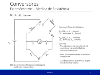 Ocorrendo ﬂexão do diafragma:
R5-6 / ( R1-4 + R5-6 ) diminui
(R1-4 aumenta e R5-6 diminui)
R3-6 / ( R2-3 + R3-6 ) aumenta
(R2-3 diminui e R3-6aumenta)
Com isso
-A tensão diferencial no voltimetro é
maximizada e a sensibilidade do
instrumento aumenta;
-Todos os componentes estão à mesma
temperatura;
-O ruído em ambos os terminais é apro-
ximadamente o mesmo.
OBS. Os terminais estão desconectados para
calibração e diagnóstico.
Conversores
23
PRESSÃO -II
Extensômetros –Medida de Resistência
No circuito tem-se
 