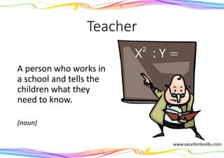 Teacher
A person who works in
a school and tells the
children what they
need to know.
(noun)
www.excellentesl4u.com
 