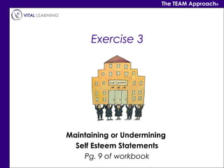 The TEAM Approach®




      Exercise 3




Maintaining or Undermining
  Self Esteem Statements
    Pg. 9 of workbook
 