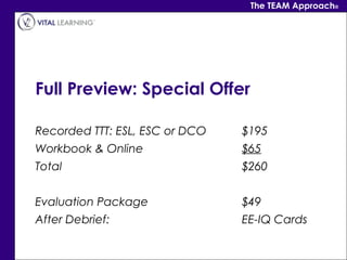 The TEAM Approach®




Full Preview: Special Offer

Recorded TTT: ESL, ESC or DCO   $195
Workbook & Online               $...