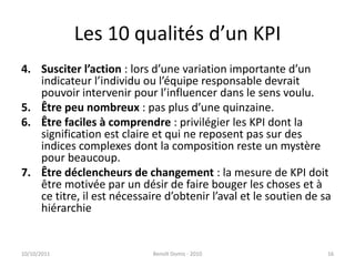 Les 10 qualités d’un KPISusciter l’action : lors d’une variation importante d’un indicateur l’individu ou l’équipe responsable devrait pouvoir intervenir pour l’influencer dans le sens voulu.Être peu nombreux : pas plus d’une quinzaine.Être faciles à comprendre : privilégier les KPI dont la signification est claire et qui ne reposent pas sur des indices complexes dont la composition reste un mystère pour beaucoup.Être déclencheurs de changement : la mesure de KPI doit être motivée par un désir de faire bouger les choses et à ce titre, il est nécessaire d’obtenir l’aval et le soutien de sa hiérarchie24/09/2011Benoît Domis - 201016