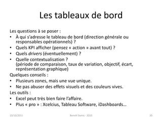 Les tableaux de bordLes questions à se poser :À qui s’adresse le tableau de bord (direction générale ou responsables opérationnels) ?Quels KPI afficher (pensez « action » avant tout) ?Quels drivers (éventuellement) ?Quelle contextualisation ?(période de comparaison, taux de variation, objectif, écart, représentation graphique)Quelques conseils :Plusieurs zones, mais une vue unique.Ne pas abuser des effets visuels et des couleurs vives.Les outils :Excel peut très bien faire l’affaire.Plus « pro » : Xcelcius, Tableau Software, iDashboards…24/09/2011Benoît Domis - 201020