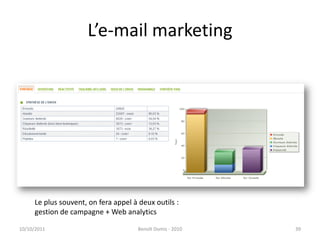 L’e-mail marketing24/09/2011Benoît Domis - 201039Le plus souvent, on fera appel à deux outils : gestion de campagne + Web analytics