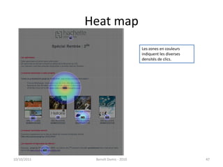 Heat map24/09/2011Benoît Domis - 201047Les zones en couleurs indiquent les diverses densités de clics.
