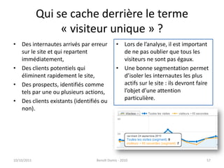 Qui se cache derrière le terme « visiteur unique » ?Des internautes arrivés par erreur sur le site et qui repartent immédiatement,Des clients potentiels qui éliminent rapidement le site,Des prospects, identifiés comme tels par une ou plusieurs actions, Des clients existants (identifiés ou non).24/09/2011Benoît Domis - 201057Lors de l’analyse, il est important de ne pas oublier que tous les visiteurs ne sont pas égaux.Une bonne segmentation permet d’isoler les internautes les plus actifs sur le site : ils devront faire l’objet d’une attention particulière.