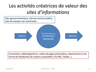 Les activités créatrices de valeur des sites d’informations24/09/2011Benoît Domis - 201058Sites gouvernementaux, sites de services publics, sites de marque non marchands… Transformation enATTENTION/BRANDINGTRAFICPROFITSFormulaires, téléchargements, visites de pages particulières, abonnement à uneforme de distribution de contenu (newsletter, flux RSS, Twitter…)