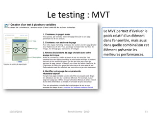 Le testing : MVT24/09/2011Benoît Domis - 201073Le MVT permet d’évaluer le poids relatif d’un élément dans l’ensemble, mais aussi dans quelle combinaison cet élément présente les meilleures performances.