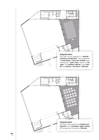 11
Foyer
Configuration offered :
The Foyer can be prepared in a meeting -
conference configuration. The arrangement
of round tables is more user-friendly, while
maintaining a good visual relation to the
stage. The reception capacity is very flexi-
ble; the capacity of this layout is 250 seats.
Configuration offered :
The room can be prepared in a banquet con-
figuration, with rectangular tables seating
6. The capacity of this layout is 180 seats.
 