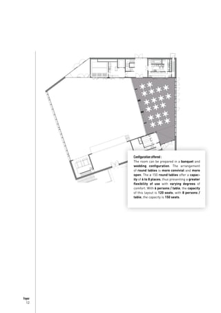 12
Foyer
Configuration offered :
The room can be prepared in a banquet and
wedding configuration. The arrangement
of round tables is more convivial and more
open. The ø 150 round tables offer a capac-
ity of 6 to 8 places, thus presenting a greater
flexibility of use with varying degrees of
comfort. With 6 persons / table, the capacity
of this layout is 120 seats; with 8 persons /
table, the capacity is 150 seats.
 