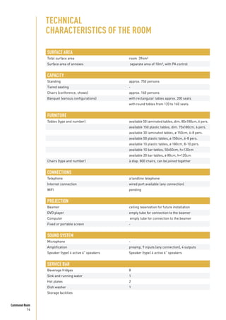 14
Communal Room
SURFACE AREA
Total surface area room 394m²
Surface area of annexes separate area of 10m², with PA control
CAPACITY
Standing approx. 750 persons
Tiered seating -
Chairs (conference, shows)	 approx. 160 persons
Banquet (various configurations) with rectangular tables approx. 200 seats
with round tables from 120 to 160 seats
FURNITURE
Tables (type and number) available 50 laminated tables, dim. 80x180cm, 6 pers.
available 150 plastic tables, dim. 75x180cm, 6 pers.
available 30 laminated tables, ø 150cm, 6-8 pers.
available 50 plastic tables, ø 150cm, 6-8 pers.
available 10 plastic tables, ø 180cm, 8-10 pers.
available 10 bar tables, 50x50cm, h=120cm
available 20 bar tables, ø 80cm, h=120cm
Chairs (type and number) à disp. 800 chairs, can be joined together
CONNECTIONS
Telephone a landline telephone
Internet connection wired port available (any connection)
WiFi pending
PROJECTION
Beamer ceiling reservation for future installation
DVD player empty tube for connection to the beamer
Computer empty tube for connection to the beamer
Fixed or portable screen -
SOUND SYSTEM
Microphone -
Amplification preamp, 9 inputs (any connection), 4 outputs
Speaker (type) 4 active 6" speakers Speaker (type) 4 active 6” speakers
TECHNICAL
CHARACTERISTICS OF THE ROOM
SERVICE BAR
Beverage fridges 8
Sink and running water 1
Hot plates 2
Dish washer 1
Storage facilities
 