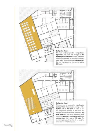 15
Communal Room
-
Configuration offered :
The room can be prepared in a banquet con-
figuration. The seats are arranged in the
highest part of the room, in order to free the
longitudinal passage in the room; this pas-
sage space can also serve as a display, buf-
fet, etc. The capacity of the room is approx.
200 seats.
Configuration offered :
The room can be prepared in a conference
configuration. The seats are arranged in the
highest part of the room, in order to free
the longitudinal passage in the room; this
passage space can also be used as a dis-
play, buffet, etc. Due to the proportion of the
room, the capacity for conference use, in this
configuration, offers approx. 150 seats. The
remaining areas will be free to be used for
relaxation or exhibition spaces.
 