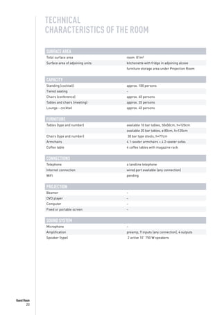 20
Guest Room
SURFACE AREA
Total surface area room 81m²
Surface area of adjoining units kitchenette with fridge in adjoining alcove
furniture storage area under Projection Room
CAPACITY
Standing (cocktail) approx. 100 persons
Tiered seating -
Chairs (conference) approx. 60 persons
Tables and chairs (meeting) approx. 20 persons
Lounge - cocktail approx. 40 persons
FURNITURE
Tables (type and number) available 10 bar tables, 50x50cm, h=120cm
available 20 bar tables, ø 80cm, h=120cm
Chairs (type and number) 30 bar type stools, h=77cm
Armchairs 4 1-seater armchairs + 4 2-seater sofas
Coffee table 4 coffee tables with magazine rack
CONNECTIONS
Telephone a landline telephone
Internet connection wired port available (any connection)
WiFi pending
PROJECTION
Beamer -
DVD player -
Computer -
Fixed or portable screen -
SOUND SYSTEM
Microphone -
Amplification preamp, 9 inputs (any connection), 4 outputs
Speaker (type) 2 active 10” 750 W speakers
TECHNICAL
CHARACTERISTICS OF THE ROOM
 