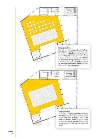Large Hall
4
Configuration offered :
The hall can be configured with tiered stands
installed, facing the stage, with the provision
of 644 fixed seats. During the time of the
event, the storage rooms usually occupied
by the stands will be available for temporary
storage spaces (1x near the bar, 1x near the
stage).
Configuration offered :
The hall can be configured with half-de-
ployed tiered seating, facing the stage, with
the provision of 364 fixed seats. During the
time of the event, the storage rooms usually
occupied by the tiered stands are available
for temporary storage spaces (1x near the
bar, 1x near the stage). The half room freed
up at the back of the stands can be used after
the show as a space for a foyer.
 