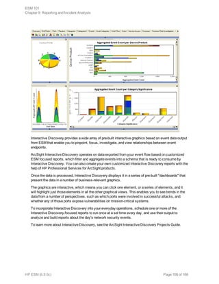 Interactive Discovery provides a wide array of pre-built interactive graphics based on event data output
from ESM that enable you to pinpoint, focus, investigate, and view relationships between event
endpoints.
ArcSight Interactive Discovery operates on data exported from your event flow based on customized
ESM focused reports, which filter and aggregate events into a schema that is ready to consume by
Interactive Discovery. You can also create your own customized Interactive Discovery reports with the
help of HP Professional Services for ArcSight products.
Once the data is processed, Interactive Discovery displays it in a series of pre-built "dashboards" that
present the data in a number of business-relevant graphics.
The graphics are interactive, which means you can click one element, or a series of elements, and it
will highlight just those elements in all the other graphical views. This enables you to see trends in the
data from a number of perspectives, such as which ports were involved in successful attacks, and
whether any of those ports expose vulnerabilities on mission-critical systems.
To incorporate Interactive Discovery into your everyday operations, schedule one or more of the
Interactive Discovery focused reports to run once at a set time every day, and use their output to
analyze and build reports about the day's network security events.
To learn more about Interactive Discovery, see the ArcSight Interactive Discovery Projects Guide.
ESM 101
Chapter 9: Reporting and Incident Analysis
HP ESM (6.9.0c) Page 108 of 168
 