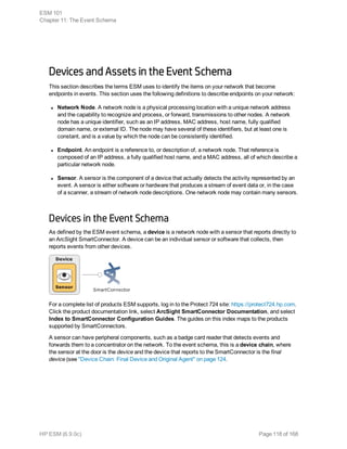 Devices and Assets in the Event Schema
This section describes the terms ESM uses to identify the items on your network that become
endpoints in events. This section uses the following definitions to describe endpoints on your network:
l Network Node. A network node is a physical processing location with a unique network address
and the capability to recognize and process, or forward, transmissions to other nodes. A network
node has a unique identifier, such as an IP address, MAC address, host name, fully qualified
domain name, or external ID. The node may have several of these identifiers, but at least one is
constant, and is a value by which the node can be consistently identified.
l Endpoint. An endpoint is a reference to, or description of, a network node. That reference is
composed of an IP address, a fully qualified host name, and a MAC address, all of which describe a
particular network node.
l Sensor. A sensor is the component of a device that actually detects the activity represented by an
event. A sensor is either software or hardware that produces a stream of event data or, in the case
of a scanner, a stream of network node descriptions. One network node may contain many sensors.
Devices in the Event Schema
As defined by the ESM event schema, a device is a network node with a sensor that reports directly to
an ArcSight SmartConnector. A device can be an individual sensor or software that collects, then
reports events from other devices.
For a complete list of products ESM supports, log in to the Protect 724 site: https://protect724.hp.com.
Click the product documentation link, select ArcSight SmartConnector Documentation, and select
Index to SmartConnector Configuration Guides. The guides on this index maps to the products
supported by SmartConnectors.
A sensor can have peripheral components, such as a badge card reader that detects events and
forwards them to a concentrator on the network. To the event schema, this is a device chain, where
the sensor at the door is the device and the device that reports to the SmartConnector is the final
device (see "Device Chain: Final Device and Original Agent" on page 124.
ESM 101
Chapter 11: The Event Schema
HP ESM (6.9.0c) Page 118 of 168
 
