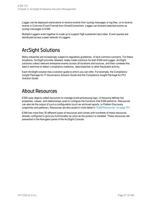 Logger can be deployed stand-alone to receive events from syslog messages or log files, or to receive
events in Common Event Format from SmartConnectors. Logger can forward selected events as
syslog messages to ESM.
Multiple Loggers work together to scale up to support high sustained input rates. Event queries are
distributed across a peer network of Loggers.
ArcSight Solutions
Many industries are increasingly subject to regulatory guidelines, or face common concerns. For these
situations, ArcSight provides detailed, ready-made solutions for both ESM and Logger. ArcSight
solutions collect relevant enterprise events across all locations and sources, and then correlate this
data in real-time to detect compliance violations, data breaches or other fraudulent activity.
Each ArcSight solution has a solution guide to which you can refer. For example, the Compliance
Insight Package for IT Governance Solution Guide and the Compliance Insight Package for PCI
Solution Guide.
About Resources
ESM uses objects called resources to manage event-processing logic. A resource defines the
properties, values, and relationships used to configure the functions that ESM performs. Resources
can also be the output of such a configuration (such as archived reports, or Pattern Discovery
snapshots and patterns). Resources are discussed in more detail in "ESM Resources" on page 157.
ESM has more than 30 different types of resources and comes with hundreds of these resources
already configured to give you functionality as soon as the product is installed. These resources are
presented in the Navigator panel of the ArcSight Console.
ESM 101
Chapter 2: ArcSight Enterprise Security Management
HP ESM (6.9.0c) Page 27 of 168
 