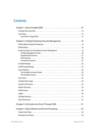 Contents
Chapter 1: About ArcSight ESM 10
ArcSight Send Log Utility 10
User Roles 10
User Paths Through ESM 14
Chapter 2: ArcSight Enterprise Security Management 16
ESM Enables Situational Awareness 16
ESM Anatomy 18
SmartConnectors and On-Board Connector Management 19
ArcSight Management Center 20
Supported Data Sources 21
FlexConnector 22
Forwarding Connector 22
ArcSight Manager 22
CORR-EngineStorage 23
User Interfaces 23
The ArcSight Command Center 23
The ArcSight Console 23
Use Cases 24
ArcSight Risk Insight 24
Interactive Discovery 24
Pattern Discovery 25
ESM Express 26
Logger 26
ArcSight Solutions 27
About Resources 27
Chapter 3: Life Cycle of an Event Through ESM 31
Chapter 4: Data Collection and Event Processing 33
Collect Event Data 34
Normalize Event Data 34
HP ESM (6.9.0c) Page 3 of 168
 