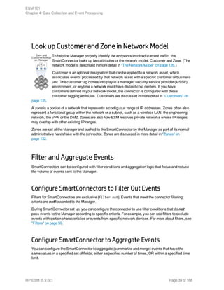Look up Customer and Zone in Network Model
To help the Manager properly identify the endpoints involved in event traffic, the
SmartConnector looks up two attributes of the network model: Customer and Zone. (The
network model is described in more detail in "The Network Model" on page 126.)
Customer is an optional designation that can be applied to a network asset, which
associates events processed by that network asset with a specific customer or business
unit. The customer tag comes into play in a managed security service provider (MSSP)
environment, or anytime a network must have distinct cost centers. If you have
customers defined in your network model, the connector is configured with these
customer tagging attributes. Customers are discussed in more detail in "Customers" on
page 135.
A zone is a portion of a network that represents a contiguous range of IP addresses. Zones often also
represent a functional group within the network or a subnet, such as a wireless LAN, the engineering
network, the VPN or the DMZ. Zones are also how ESM resolves private networks whose IP ranges
may overlap with other existing IP ranges.
Zones are set at the Manager and pushed to the SmartConnector by the Manager as part of its normal
administrative handshake with the connector. Zones are discussed in more detail in "Zones" on
page 132.
Filter and Aggregate Events
SmartConnectors can be configured with filter conditions and aggregation logic that focus and reduce
the volume of events sent to the Manager.
Configure SmartConnectors to Filter Out Events
Filters for SmartConnectors are exclusive (filter out). Events that meet the connector filtering
criteria are not forwarded to the Manager.
During SmartConnector set up, you can configure the connector to use filter conditions that do not
pass events to the Manager according to specific criteria. For example, you can use filters to exclude
events with certain characteristics or events from specific network devices. For more about filters, see
"Filters" on page 59.
Configure SmartConnector to Aggregate Events
You can configure the SmartConnector to aggregate (summarize and merge) events that have the
same values in a specified set of fields, either a specified number of times, OR within a specified time
limit.
ESM 101
Chapter 4: Data Collection and Event Processing
HP ESM (6.9.0c) Page 39 of 168
 
