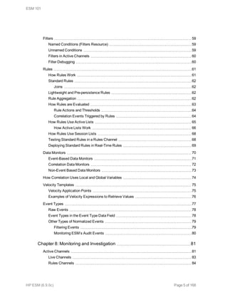 Filters 59
Named Conditions (Filters Resource) 59
Unnamed Conditions 59
Filters in Active Channels 60
Filter Debugging 60
Rules 61
How Rules Work 61
Standard Rules 62
Joins 62
Lightweight and Pre-persistence Rules 62
Rule Aggregation 62
How Rules are Evaluated 63
Rule Actions and Thresholds 64
Correlation Events Triggered by Rules 64
How Rules Use Active Lists 65
How Active Lists Work 66
How Rules Use Session Lists 68
Testing Standard Rules in a Rules Channel 68
Deploying Standard Rules in Real-Time Rules 69
Data Monitors 70
Event-Based Data Monitors 71
Correlation Data Monitors 72
Non-Event Based Data Monitors 73
How Correlation Uses Local and Global Variables 74
Velocity Templates 75
Velocity Application Points 75
Examples of Velocity Expressions to Retrieve Values 76
Event Types 77
Raw Events 78
Event Types in the Event Type Data Field 78
Other Types of Normalized Events 79
Filtering Events 79
Monitoring ESM’s Audit Events 80
Chapter 8: Monitoring and Investigation 81
Active Channels 81
Live Channels 83
Rules Channels 84
ESM 101
HP ESM (6.9.0c) Page 5 of 168
 