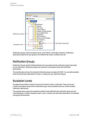 Notification groups contain escalation levels, which define a notification hierarchy. Notification
destinations specify the user groups to be notified when certain conditions are met.
Notification Groups
Notification Groups are the interface between the rules engine and the notification engine that sends
out the notification. Notification groups are containers for escalation levels and notification
destinations.
The example above shows the standard notification groups included with ESM. You can add escalation
levels and notification destinations to these, or create your own notification groups.
Escalation Levels
Escalation levels define a hierarchy structure for whom to notify in what order. There can be any
number of escalation levels within a notification group. Each escalation level can contain multiple
notification destinations.
The example above shows the standard escalation levels defined for the notification group security
center Operators in ESM's standard content. Level 1 contains one notification destination, the standard
user group Administrators.
ESM 101
Chapter 6: Workflow
HP ESM (6.9.0c) Page 54 of 168
 