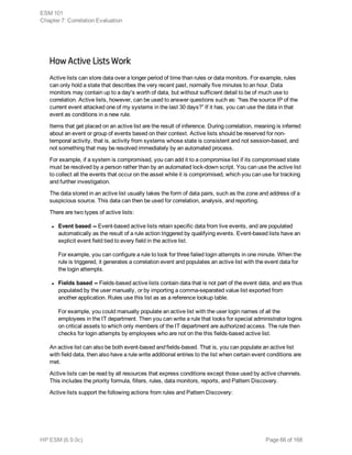 How Active Lists Work
Active lists can store data over a longer period of time than rules or data monitors. For example, rules
can only hold a state that describes the very recent past, normally five minutes to an hour. Data
monitors may contain up to a day's worth of data, but without sufficient detail to be of much use to
correlation. Active lists, however, can be used to answer questions such as: “has the source IP of the
current event attacked one of my systems in the last 30 days?” If it has, you can use the data in that
event as conditions in a new rule.
Items that get placed on an active list are the result of inference. During correlation, meaning is inferred
about an event or group of events based on their context. Active lists should be reserved for non-
temporal activity, that is, activity from systems whose state is consistent and not session-based, and
not something that may be resolved immediately by an automated process.
For example, if a system is compromised, you can add it to a compromise list if its compromised state
must be resolved by a person rather than by an automated lock-down script. You can use the active list
to collect all the events that occur on the asset while it is compromised, which you can use for tracking
and further investigation.
The data stored in an active list usually takes the form of data pairs, such as the zone and address of a
suspicious source. This data can then be used for correlation, analysis, and reporting.
There are two types of active lists:
l Event based -- Event-based active lists retain specific data from live events, and are populated
automatically as the result of a rule action triggered by qualifying events. Event-based lists have an
explicit event field tied to every field in the active list.
For example, you can configure a rule to look for three failed login attempts in one minute. When the
rule is triggered, it generates a correlation event and populates an active list with the event data for
the login attempts.
l Fields based -- Fields-based active lists contain data that is not part of the event data, and are thus
populated by the user manually, or by importing a comma-separated value list exported from
another application. Rules use this list as as a reference lookup table.
For example, you could manually populate an active list with the user login names of all the
employees in the IT department. Then you can write a rule that looks for special administrator logins
on critical assets to which only members of the IT department are authorized access. The rule then
checks for login attempts by employees who are not on the this fields-based active list.
An active list can also be both event-based and fields-based. That is, you can populate an active list
with field data, then also have a rule write additional entries to the list when certain event conditions are
met.
Active lists can be read by all resources that express conditions except those used by active channels.
This includes the priority formula, filters, rules, data monitors, reports, and Pattern Discovery.
Active lists support the following actions from rules and Pattern Discovery:
ESM 101
Chapter 7: Correlation Evaluation
HP ESM (6.9.0c) Page 66 of 168
 