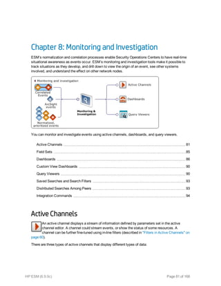 Chapter 8: Monitoring and Investigation
ESM’s normalization and correlation processes enable Security Operations Centers to have real-time
situational awareness as events occur. ESM’s monitoring and investigation tools make it possible to
track situations as they develop, and drill down to view the origin of an event, see other systems
involved, and understand the effect on other network nodes.
You can monitor and investigate events using active channels, dashboards, and query viewers.
Active Channels 81
Field Sets 85
Dashboards 86
Custom View Dashboards 90
Query Viewers 90
Saved Searches and Search Filters 93
Distributed Searches Among Peers 93
Integration Commands 94
Active Channels
An active channel displays a stream of information defined by parameters set in the active
channel editor. A channel could stream events, or show the status of some resources. A
channel can be further fine-tuned using in-line filters (described in "Filters in Active Channels" on
page 60).
There are three types of active channels that display different types of data:
HP ESM (6.9.0c) Page 81 of 168
 
