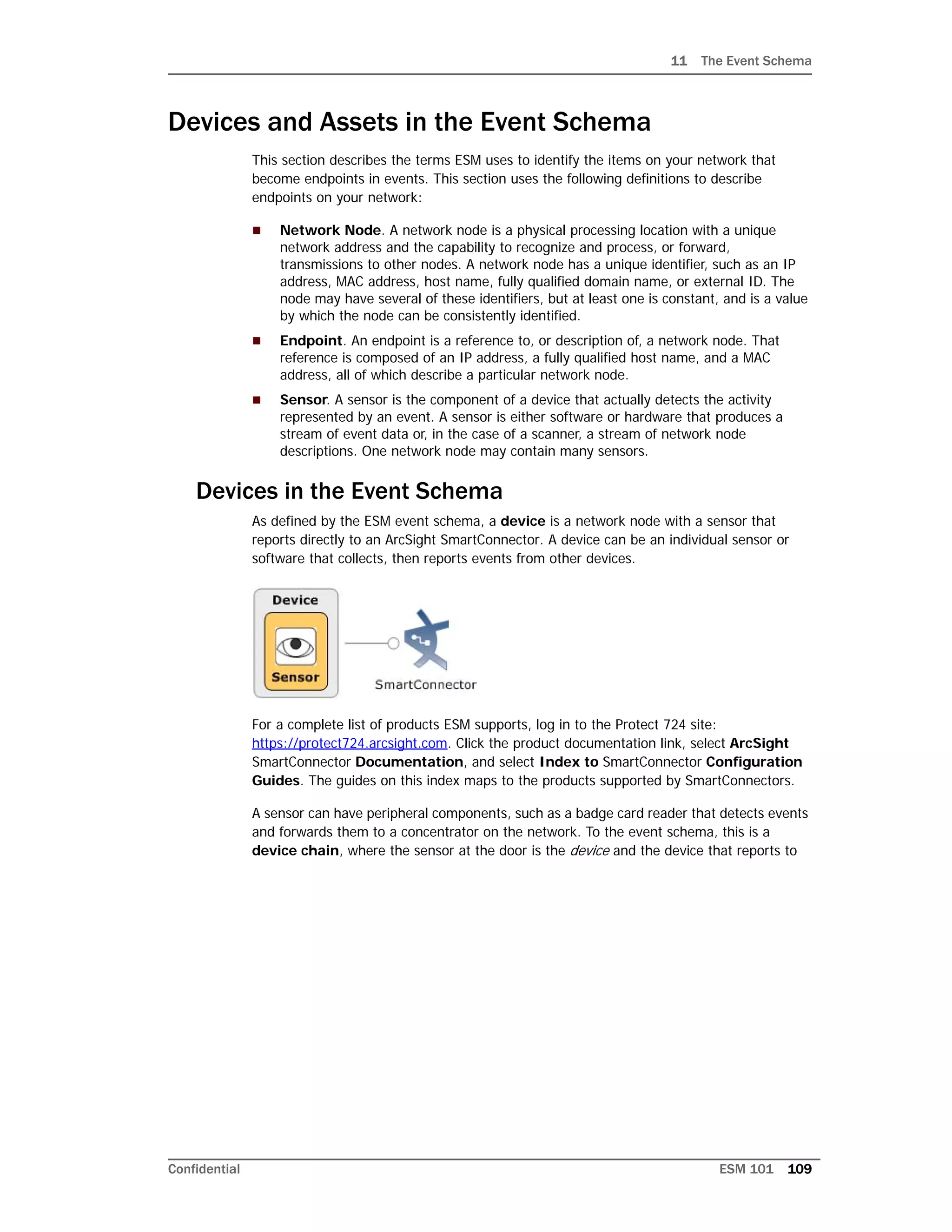 11 The Event Schema
Confidential ESM 101 109
Devices and Assets in the Event Schema
This section describes the terms ESM uses to identify the items on your network that
become endpoints in events. This section uses the following definitions to describe
endpoints on your network:
 Network Node. A network node is a physical processing location with a unique
network address and the capability to recognize and process, or forward,
transmissions to other nodes. A network node has a unique identifier, such as an IP
address, MAC address, host name, fully qualified domain name, or external ID. The
node may have several of these identifiers, but at least one is constant, and is a value
by which the node can be consistently identified.
 Endpoint. An endpoint is a reference to, or description of, a network node. That
reference is composed of an IP address, a fully qualified host name, and a MAC
address, all of which describe a particular network node.
 Sensor. A sensor is the component of a device that actually detects the activity
represented by an event. A sensor is either software or hardware that produces a
stream of event data or, in the case of a scanner, a stream of network node
descriptions. One network node may contain many sensors.
Devices in the Event Schema
As defined by the ESM event schema, a device is a network node with a sensor that
reports directly to an ArcSight SmartConnector. A device can be an individual sensor or
software that collects, then reports events from other devices.
For a complete list of products ESM supports, log in to the Protect 724 site:
https://protect724.arcsight.com. Click the product documentation link, select ArcSight
SmartConnector Documentation, and select Index to SmartConnector Configuration
Guides. The guides on this index maps to the products supported by SmartConnectors.
A sensor can have peripheral components, such as a badge card reader that detects events
and forwards them to a concentrator on the network. To the event schema, this is a
device chain, where the sensor at the door is the device and the device that reports to
 