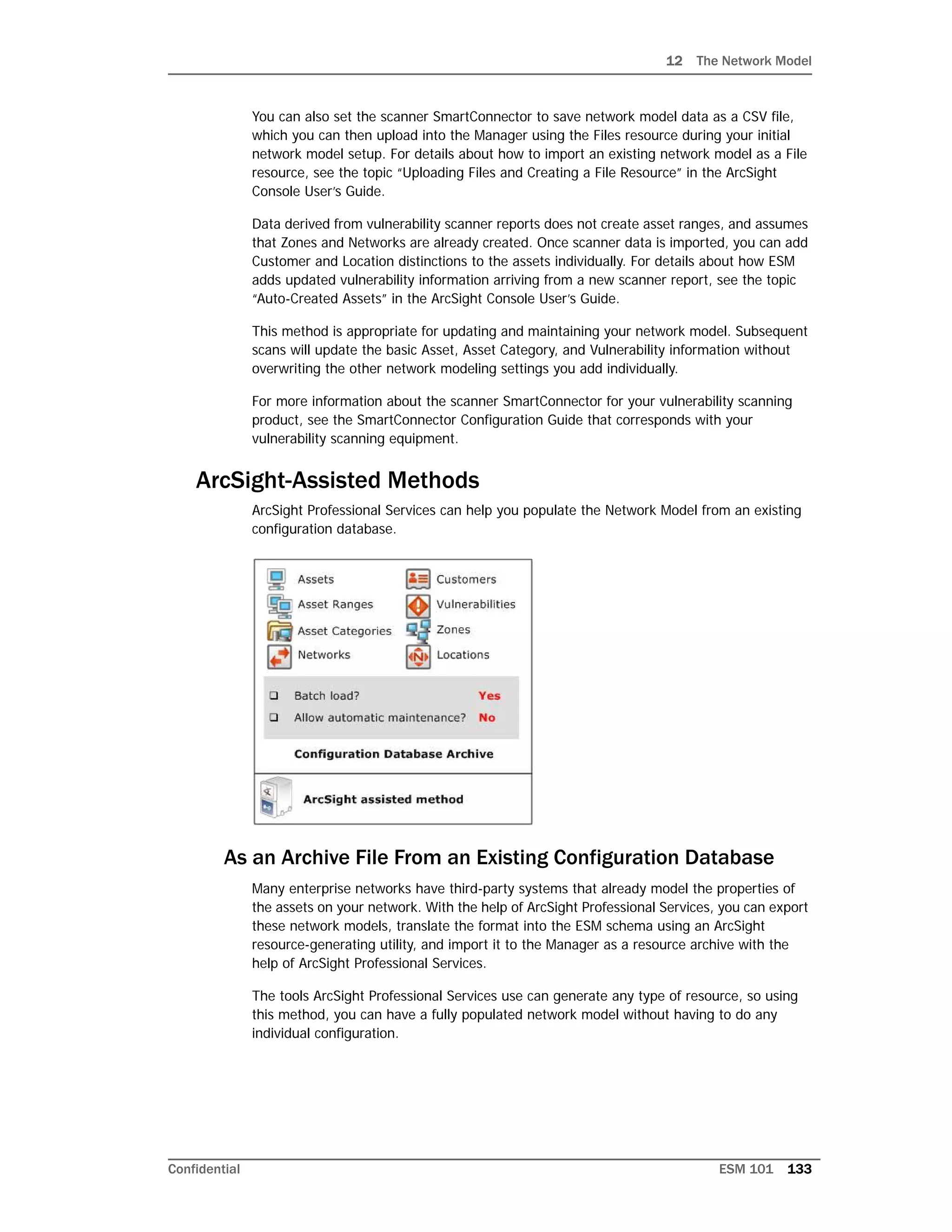 12 The Network Model
Confidential ESM 101 133
You can also set the scanner SmartConnector to save network model data as a CSV file,
which you can then upload into the Manager using the Files resource during your initial
network model setup. For details about how to import an existing network model as a File
resource, see the topic “Uploading Files and Creating a File Resource” in the ArcSight
Console User’s Guide.
Data derived from vulnerability scanner reports does not create asset ranges, and assumes
that Zones and Networks are already created. Once scanner data is imported, you can add
Customer and Location distinctions to the assets individually. For details about how ESM
adds updated vulnerability information arriving from a new scanner report, see the topic
“Auto-Created Assets” in the ArcSight Console User’s Guide.
This method is appropriate for updating and maintaining your network model. Subsequent
scans will update the basic Asset, Asset Category, and Vulnerability information without
overwriting the other network modeling settings you add individually.
For more information about the scanner SmartConnector for your vulnerability scanning
product, see the SmartConnector Configuration Guide that corresponds with your
vulnerability scanning equipment.
ArcSight-Assisted Methods
ArcSight Professional Services can help you populate the Network Model from an existing
configuration database.
As an Archive File From an Existing Configuration Database
Many enterprise networks have third-party systems that already model the properties of
the assets on your network. With the help of ArcSight Professional Services, you can export
these network models, translate the format into the ESM schema using an ArcSight
resource-generating utility, and import it to the Manager as a resource archive with the
help of ArcSight Professional Services.
The tools ArcSight Professional Services use can generate any type of resource, so using
this method, you can have a fully populated network model without having to do any
individual configuration.
 