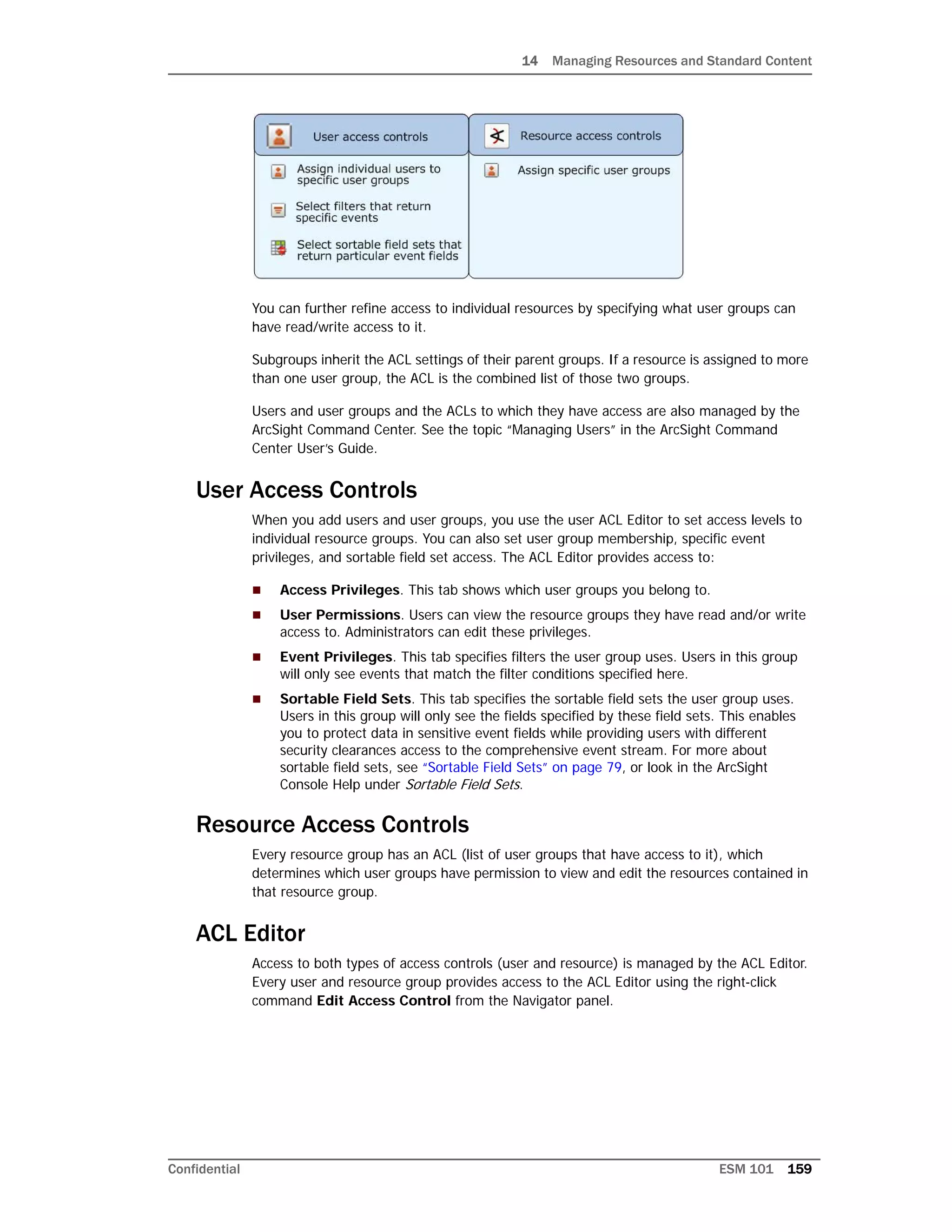 14 Managing Resources and Standard Content
Confidential ESM 101 159
You can further refine access to individual resources by specifying what user groups can
have read/write access to it.
Subgroups inherit the ACL settings of their parent groups. If a resource is assigned to more
than one user group, the ACL is the combined list of those two groups.
Users and user groups and the ACLs to which they have access are also managed by the
ArcSight Command Center. See the topic “Managing Users” in the ArcSight Command
Center User’s Guide.
User Access Controls
When you add users and user groups, you use the user ACL Editor to set access levels to
individual resource groups. You can also set user group membership, specific event
privileges, and sortable field set access. The ACL Editor provides access to:
 Access Privileges. This tab shows which user groups you belong to.
 User Permissions. Users can view the resource groups they have read and/or write
access to. Administrators can edit these privileges.
 Event Privileges. This tab specifies filters the user group uses. Users in this group
will only see events that match the filter conditions specified here.
 Sortable Field Sets. This tab specifies the sortable field sets the user group uses.
Users in this group will only see the fields specified by these field sets. This enables
you to protect data in sensitive event fields while providing users with different
security clearances access to the comprehensive event stream. For more about
sortable field sets, see “Sortable Field Sets” on page 79, or look in the ArcSight
Console Help under Sortable Field Sets.
Resource Access Controls
Every resource group has an ACL (list of user groups that have access to it), which
determines which user groups have permission to view and edit the resources contained in
that resource group.
ACL Editor
Access to both types of access controls (user and resource) is managed by the ACL Editor.
Every user and resource group provides access to the ACL Editor using the right-click
command Edit Access Control from the Navigator panel.
 